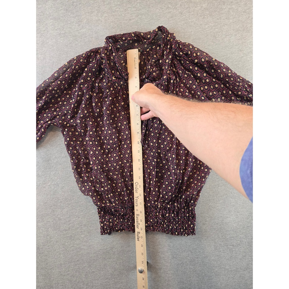 Free People Silk Blouse Women XS Burgundy Geometric Tie Neck Smocked Waist Top - Picture 9 of 11